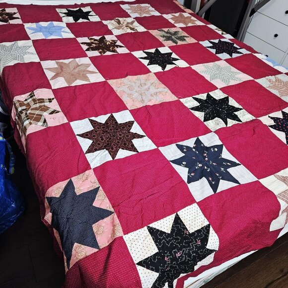Handmade Patchwork Quilt Top ONLY 85x74 Red Eight Point Lone Star Blocks Calico - Picture 6 of 11